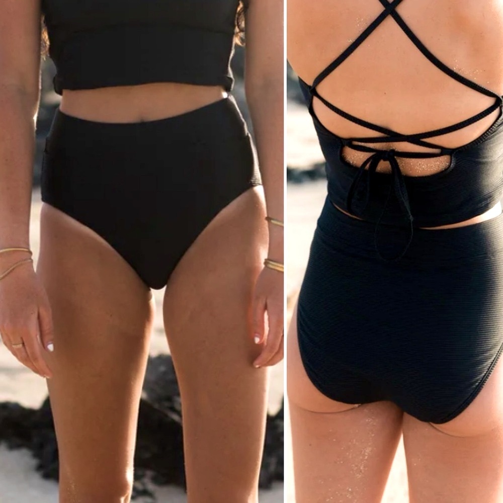 Nani Textured Pocket Swim Bikini Bottoms - Large, Black & Full Coverage